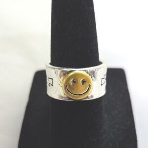 Silver Tone Smiley Face Adjustable Open‎ Ring